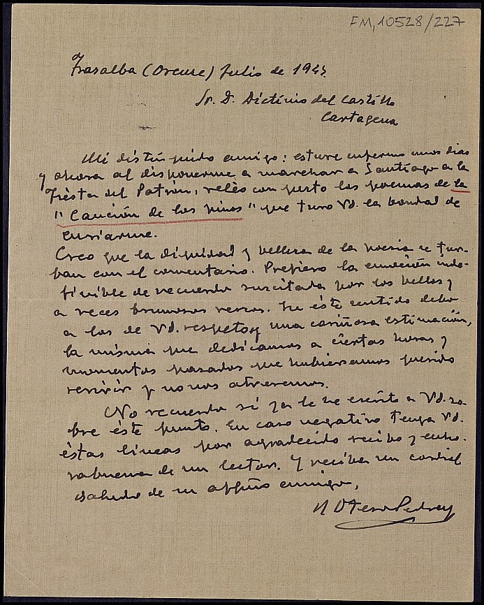 Carta de Ramón Otero Pedrayo en referencia a 
