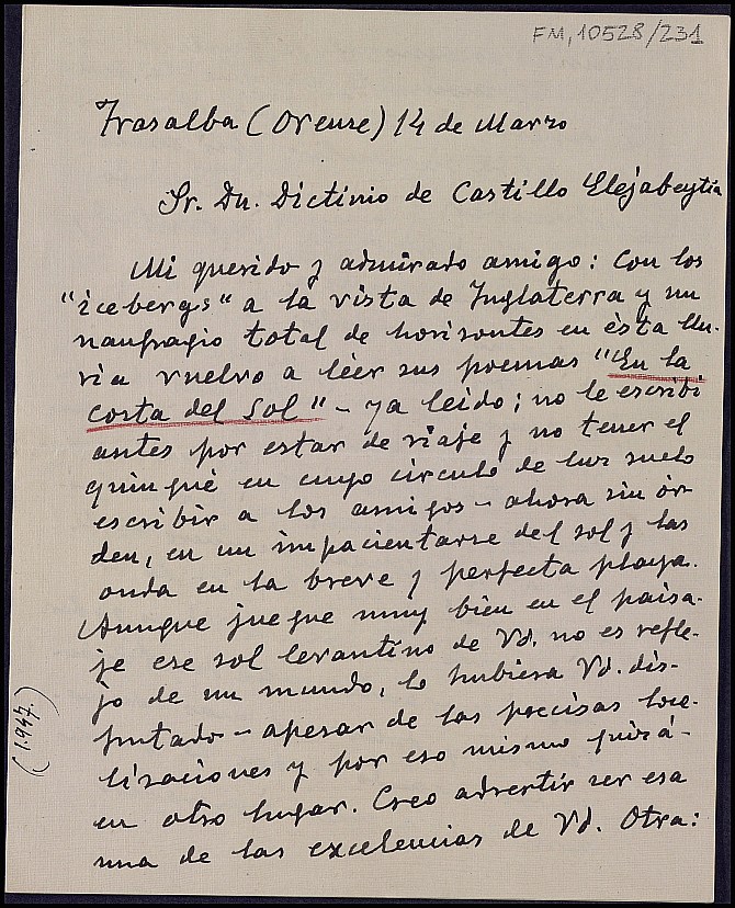 Carta de Ramón Otero Pedrayo comentando el libro 
