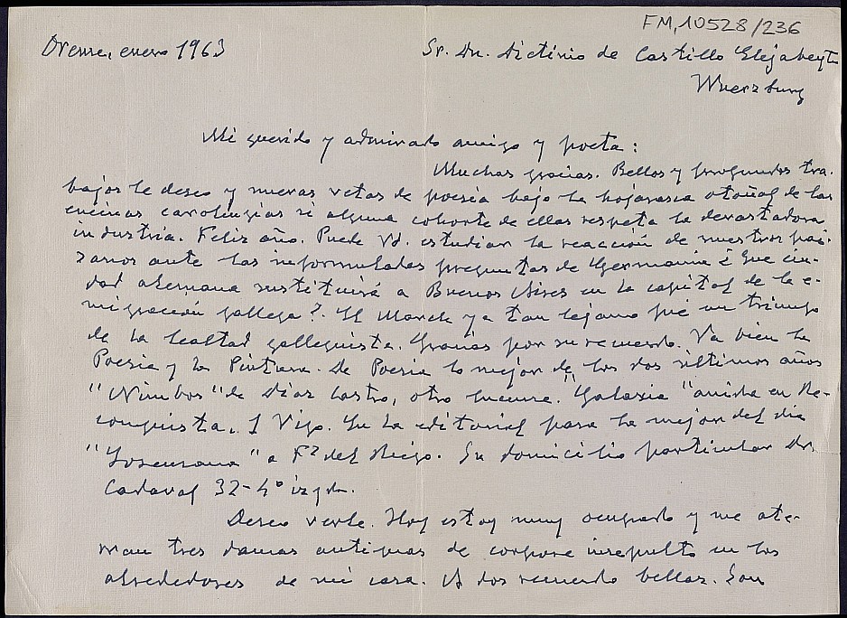 Carta de Ramón Otero Pedrayo comentando la poesía y pintura gallega del momento.