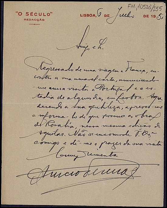 Carta de Acúrcio Pereira alegrándose del próximo viaje de Dictinio a Lisboa.
