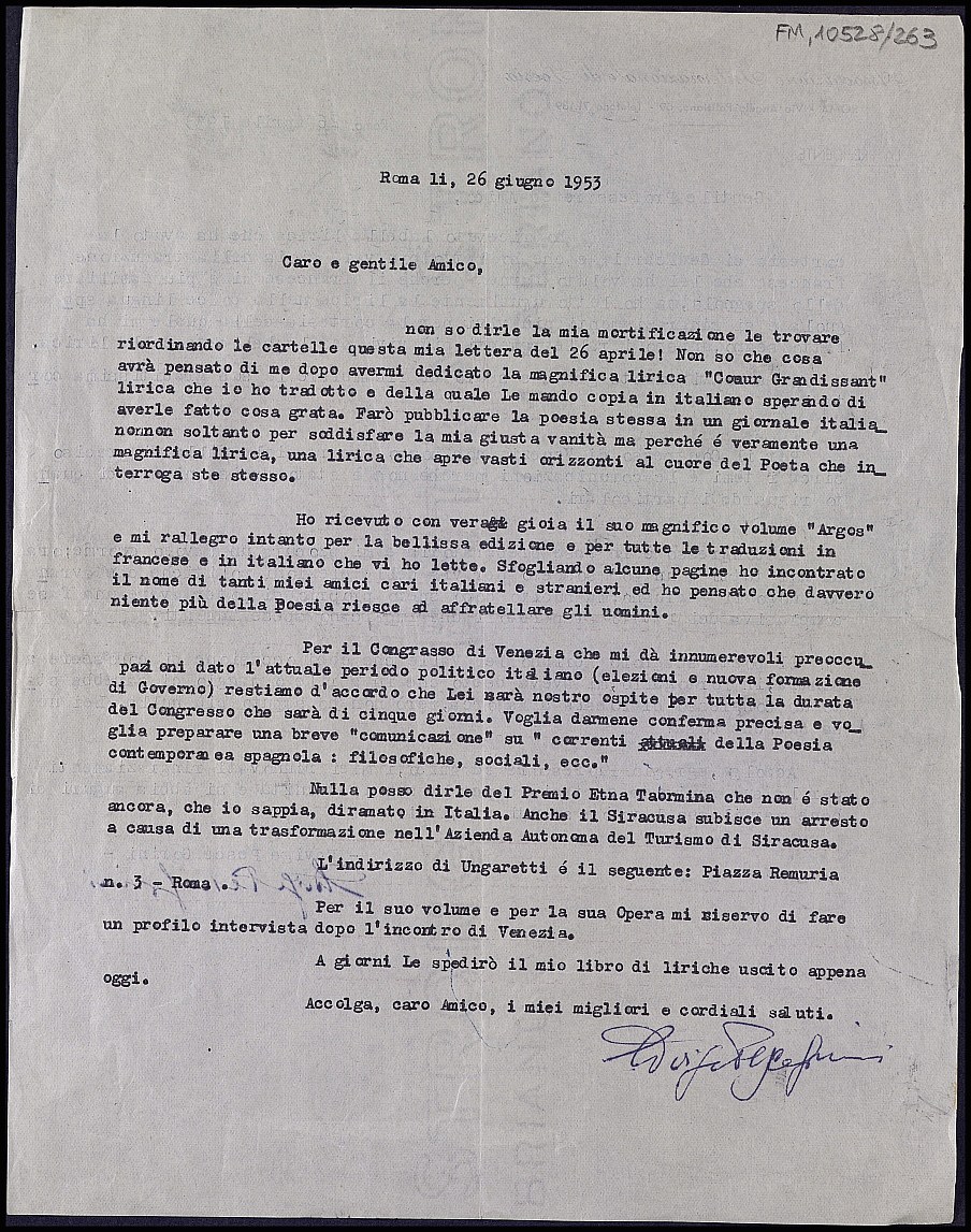 Copia de carta de Edvige Pesce Gorini confesando a Dictinio que ha encontrado traspapelada una carta del 26 de abril pasado y que ahora le envía y otros asuntos.