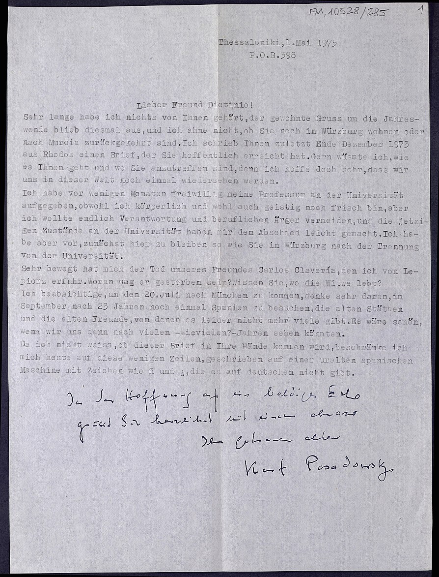 Carta de Kurt Posadowsky comentándole que ha dejado la cátedra de la Universidad.