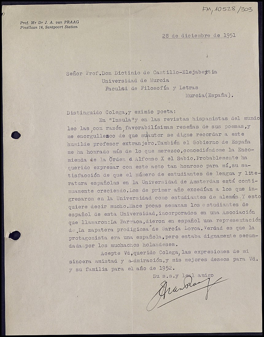 Carta de Jonas Andries van Praag informándole de que ha recibido la Encomienda de la Orden de Alfonso X el Sabio por su labor como lector de español en Holanda.