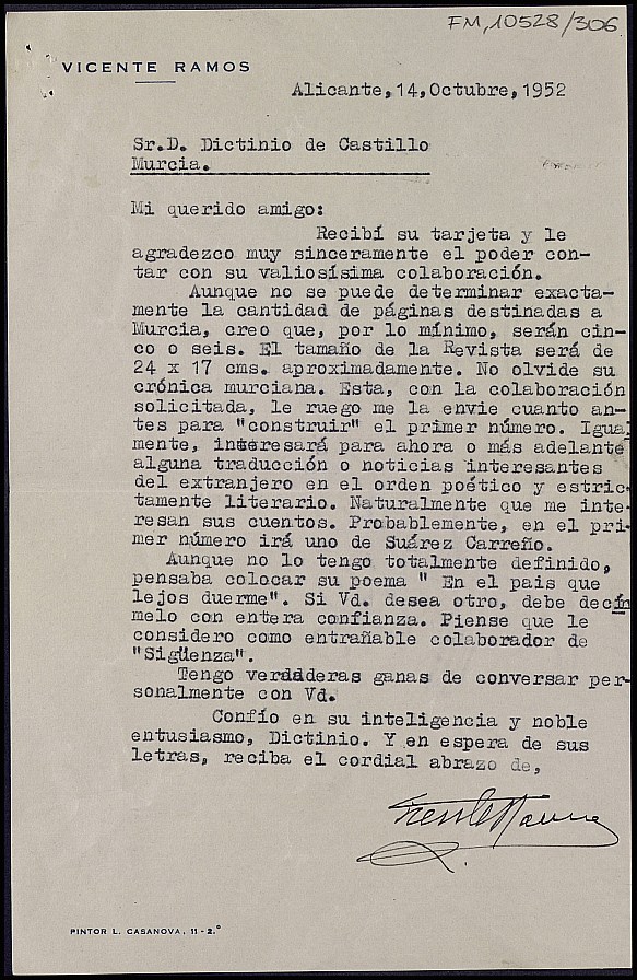 Carta de Vicente Ramos Pérez acerca de las condiciones del poema y otras informaciones solicitadas a Dictinio para su publicación en la revista 