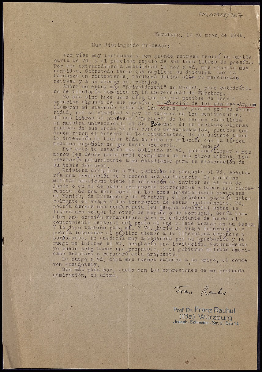 Carta de Franz Rauhut agradeciendo el envío de varios libros e invitándole a impartir una conferencia en la Universidad de Wurzburgo.