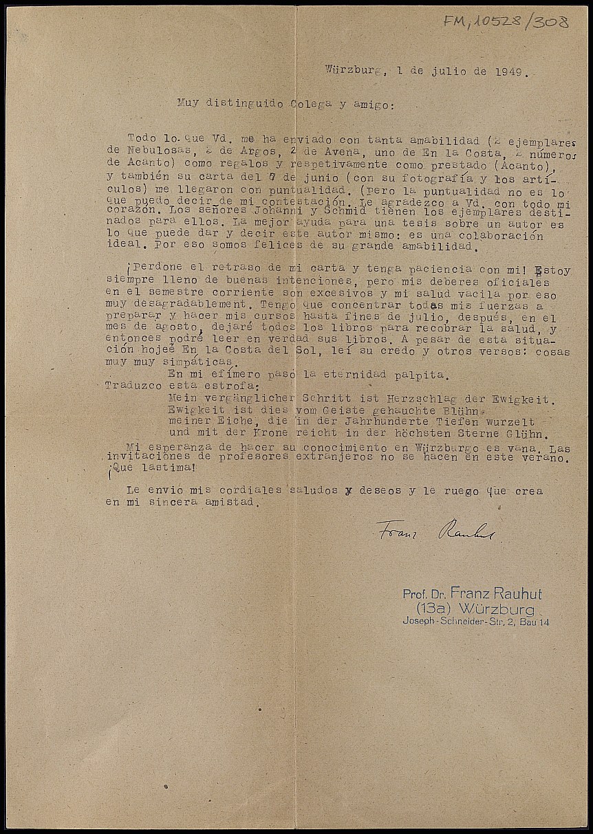 Carta de Franz Rauhut agradeciendo el envío de varios libros para la tesis doctoral de un alumno de Wurzburgo.