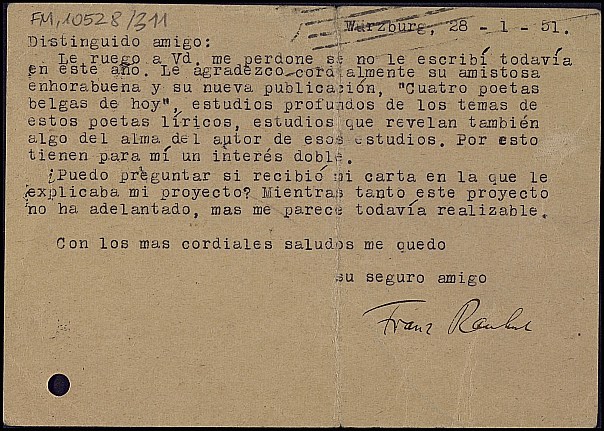Tarjeta de Franz Rauhut celebrando la publicación del artículo de Dictinio 