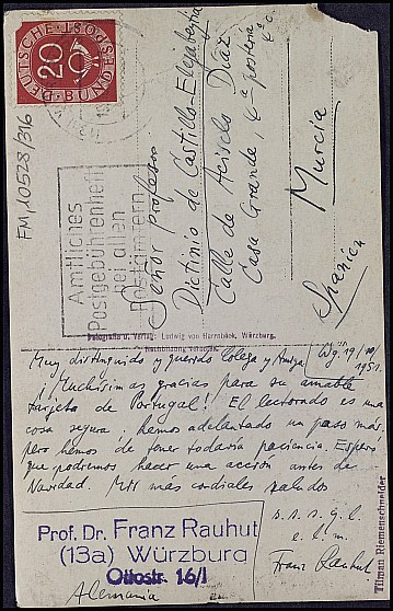 Tarjeta postal de Franz Rauhut asegurándole a Dictinio el trabajo de Lector en la Universidad de Wurzburgo.