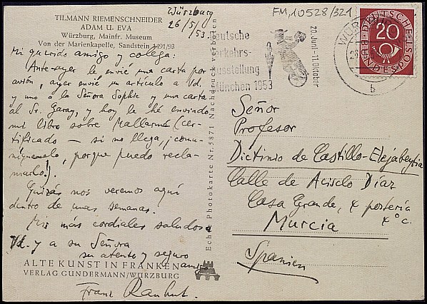 Tarjeta postal de Franz Rauhut sobre el envío de su libro sobre el poeta Stéphane Mallarmé.