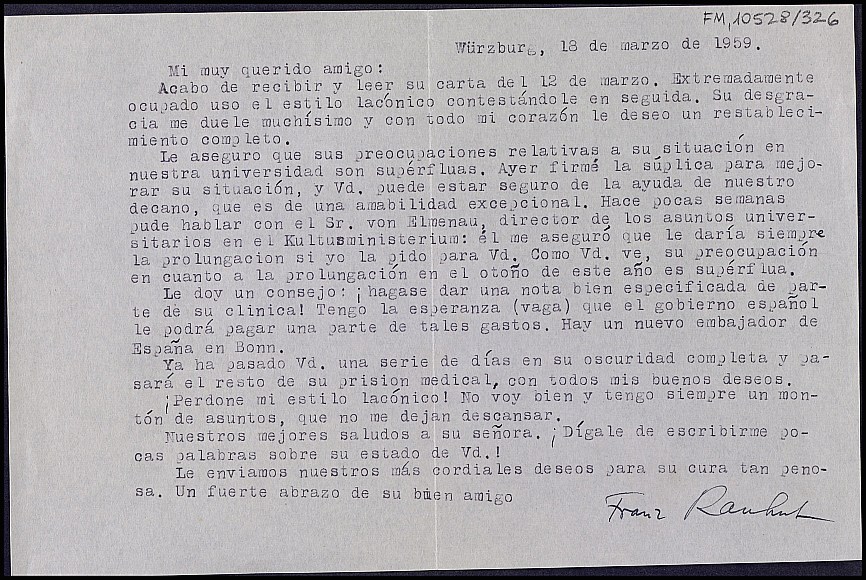 Carta de Franz Rauhut deseándole una pronta recuperación y asegurando su renovación en la Universidad.