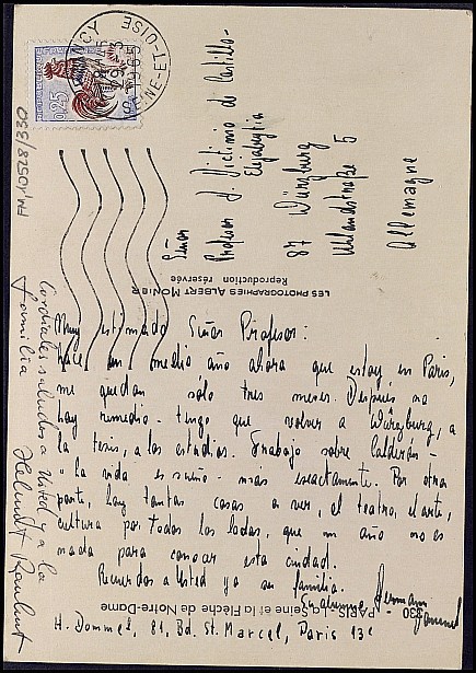 Tarjeta postal de su alumno German y de Franz Rauhut referenciando una estancia en París.