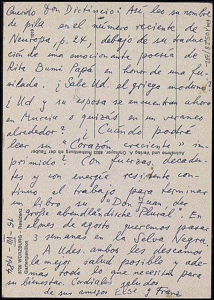 Tarjeta postal de Franz Rauhut mencionando la publicación de un poema de Rita Boumi-Pappa traducido por Dictinio.