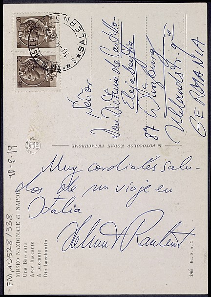 Tarjeta postal de Helmut Rauhut con recuerdos desde Italia.