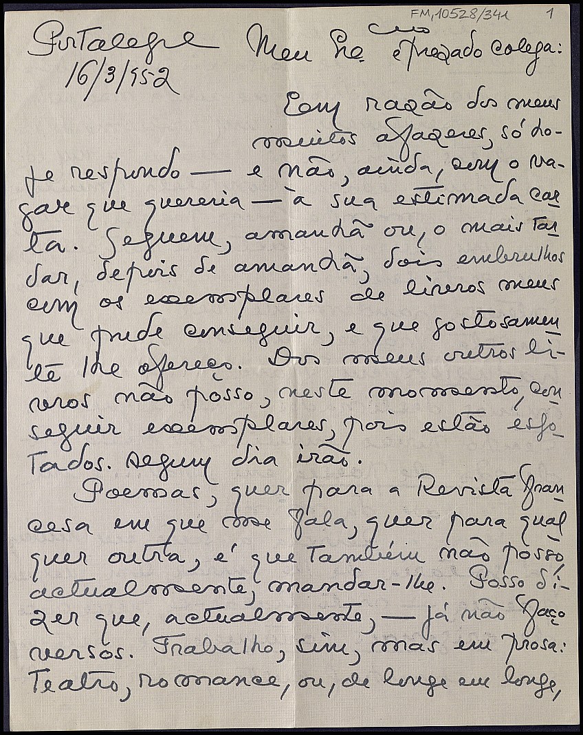 Carta de José Régio respondiendo a la petición de Dictinio de poemas para publicar en distintas revistas literarias.
