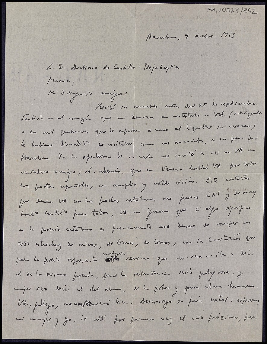 Carta de Carles Riba agradeciendo a Dictinio que, en una conferencia sobre poesía española, mencionara también la escrita en otras lenguas peninsulares.