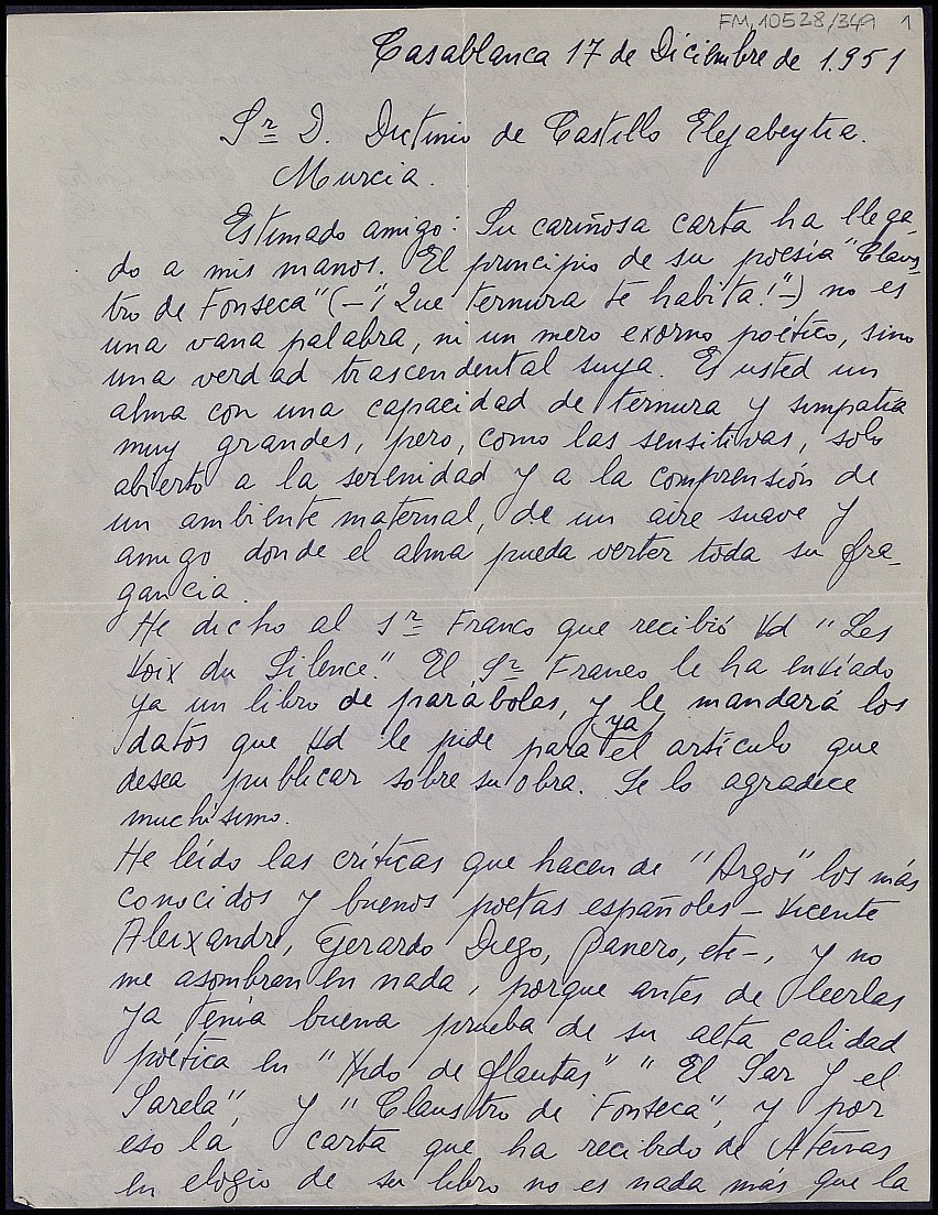 Carta de Armando Rojo León comentando sobre la sociedad Les Amitiés Poetiques, creada por un grupo de poetas residentes en Casablanca.