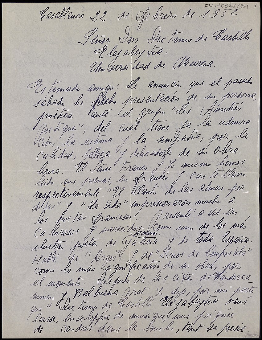 Carta de Armando Rojo León informándole sobre la presentación de su poesía a Les Amitiés Poetiques, con gran aceptación por parte de los poetas presentes.