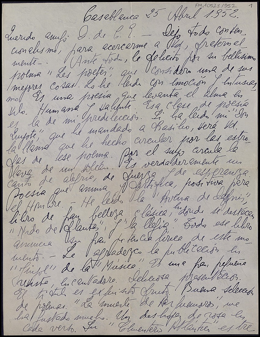 Carta de Armando Rojo León elogiando el poema 