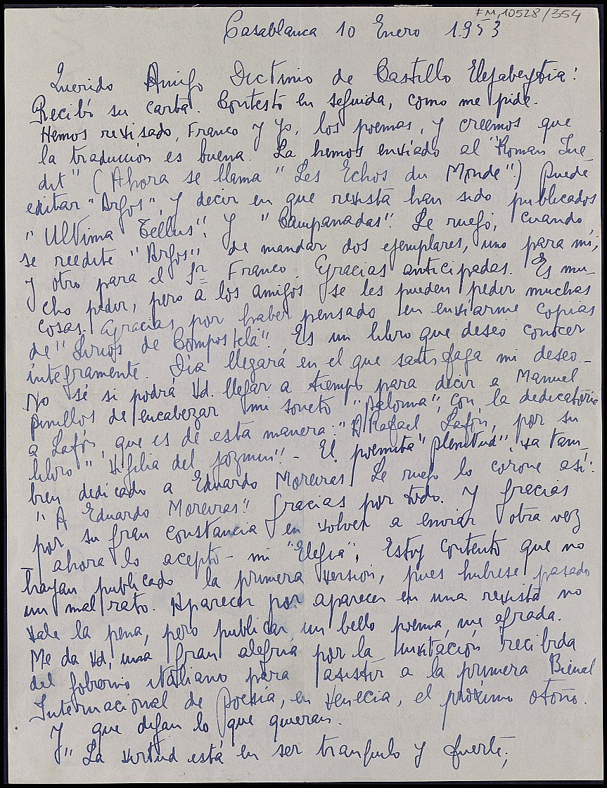 Carta de Armando Rojo León sobre la traducción y publicación de varios poemas.