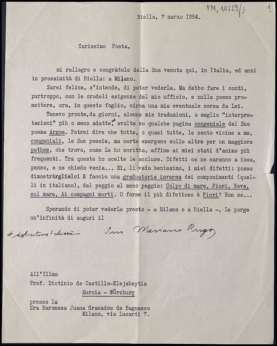 Carta de Mariano Rugo adjuntando cuatro poemas de Dictinio traducidos al italiano.