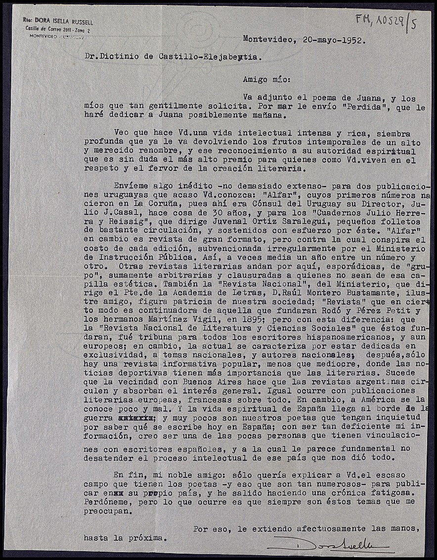 Carta de Dora Isella Russell anunciándole el envío de unos poemas suyos y de Juana Ibarbourou (1892-1979), más el libro de ésta 