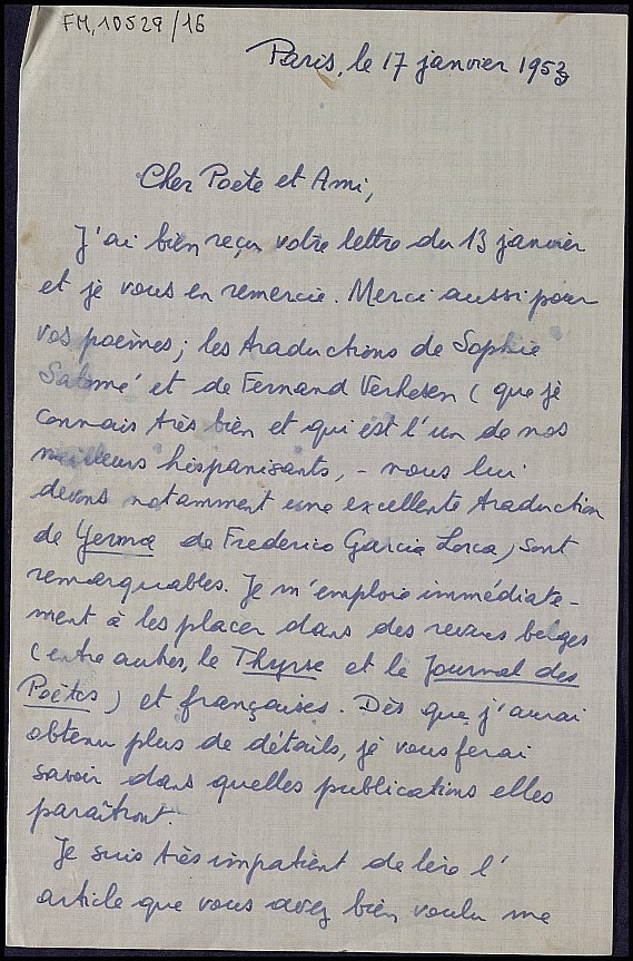 Carta de Robert de Saint-Guidon comentando las traducciones de Sofía Salomé Herold y Fernand Verheken de 