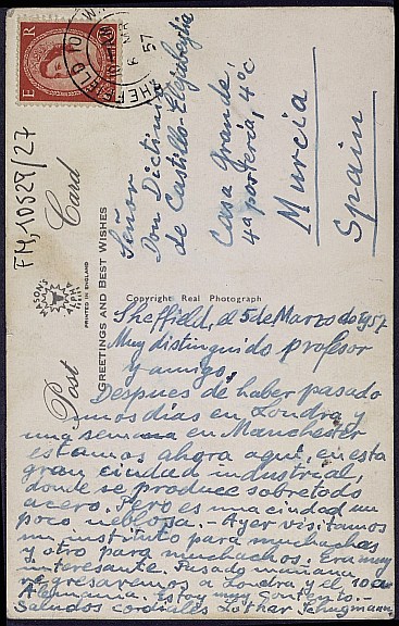 Tarjeta postal de Lothar Schugmann comentando un viaje a Inglaterra.
