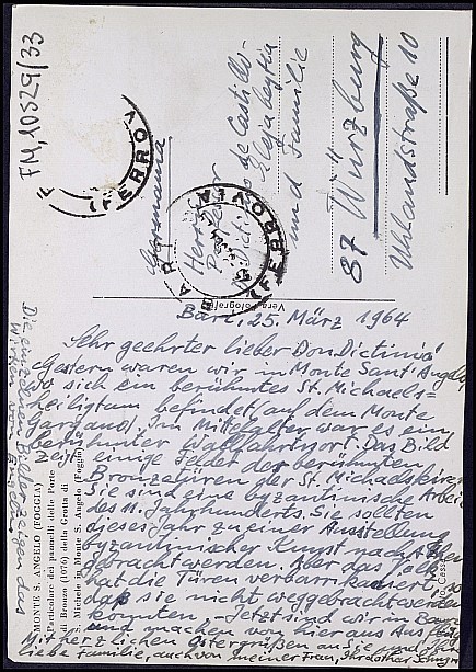 Tarjeta postal de Lothar Schugmann con comentarios sobre su viaje a la región italiana de Apulia.