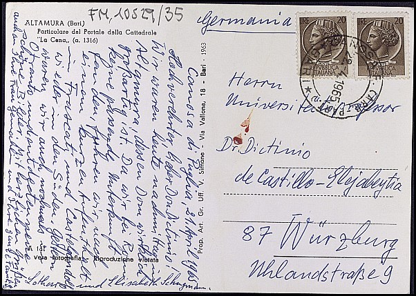 Tarjeta postal de Lothar Schugmann con comentarios sobre un viaje por Italia.