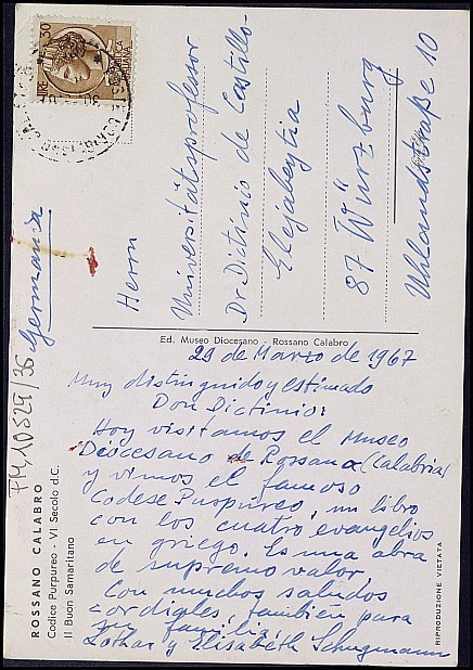 Tarjeta postal de Lothar Schugmann comentando un viaje a Italia.