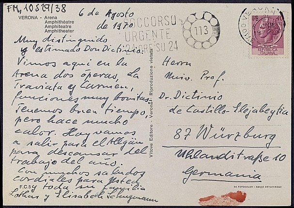 Tarjeta postal de Lothar Schugmann con anécdotas de su viaje a Verona.