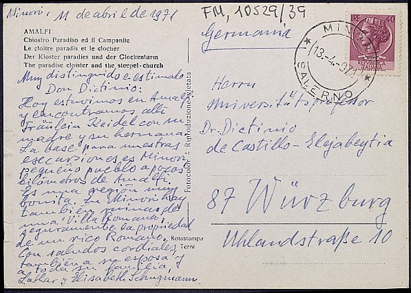 Tarjeta postal de Lothar Schugmann sobre su viaje a la región de Campania (Italia).