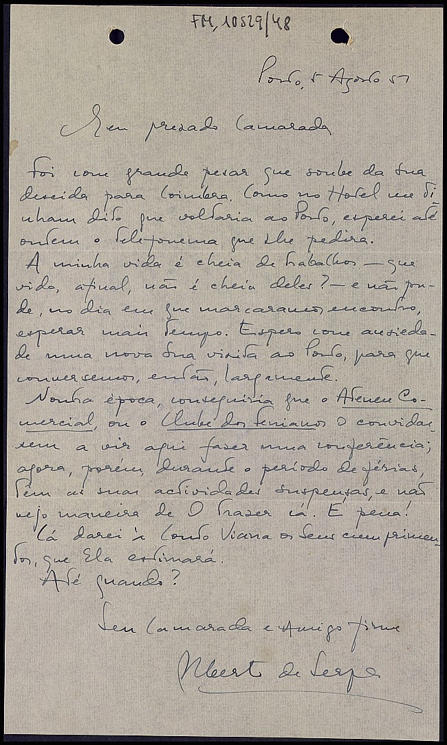 Carta de Alberto de Serpa lamentando no haber podido ver a Dictinio durante su estancia en Portugal.