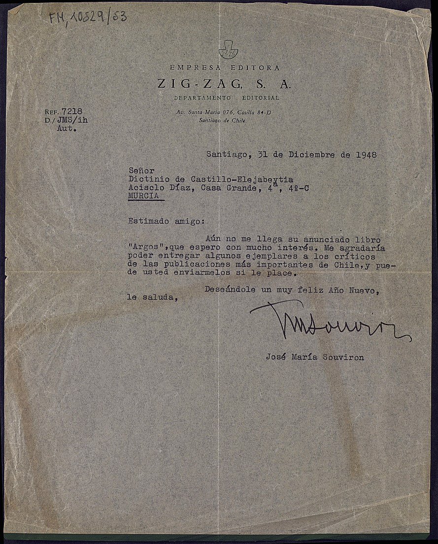 Carta de José María Souvirón Huelín sobre la distribución del libro 