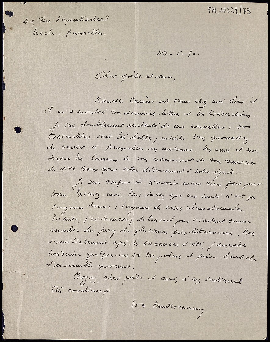 Carta de Edmond Vandercammen comentando sobre el poeta belga Maurice Careme y las traducciones de su obra.