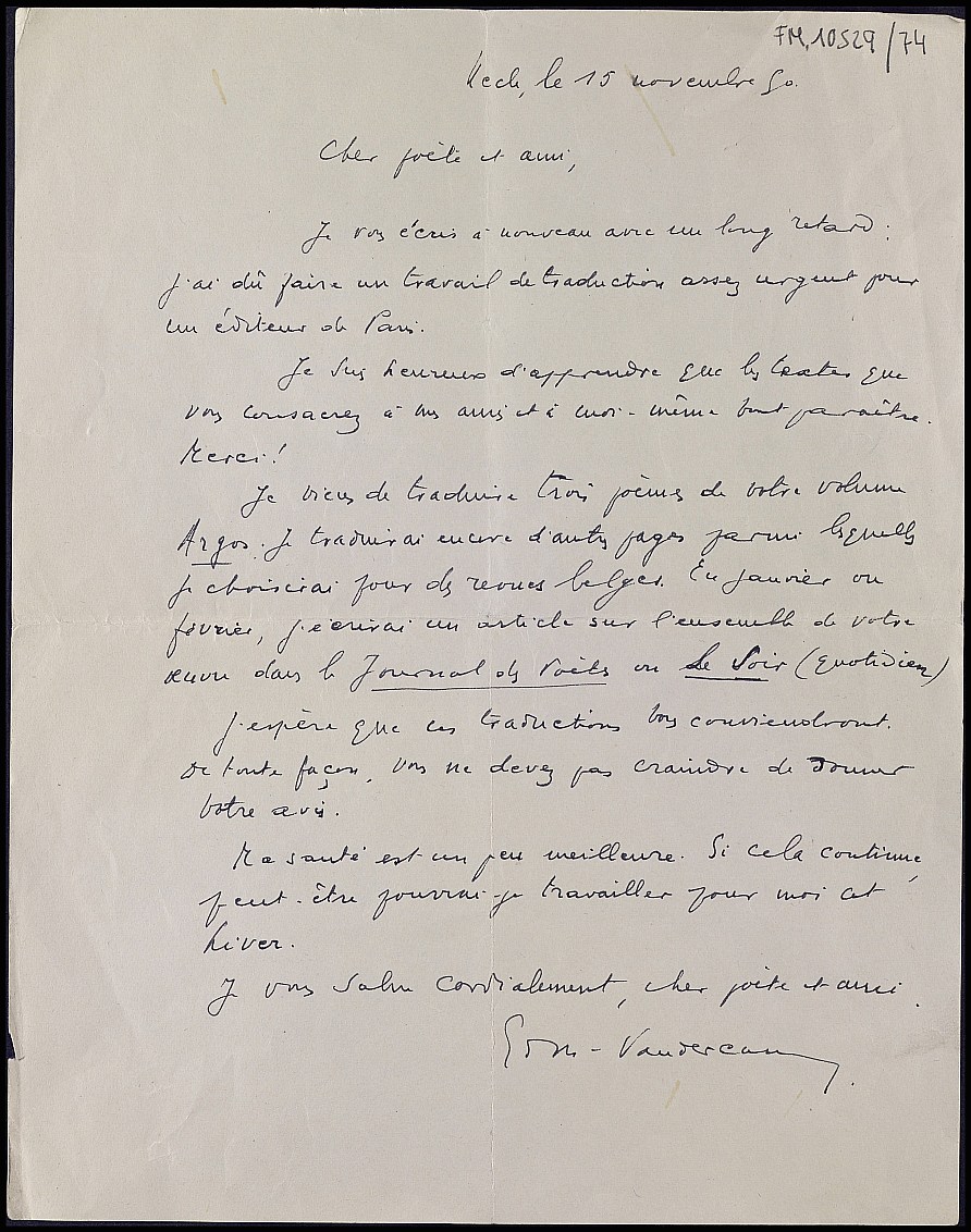 Carta de Edmond Vandercammen informando sobre la traducción de varios poemas de 
