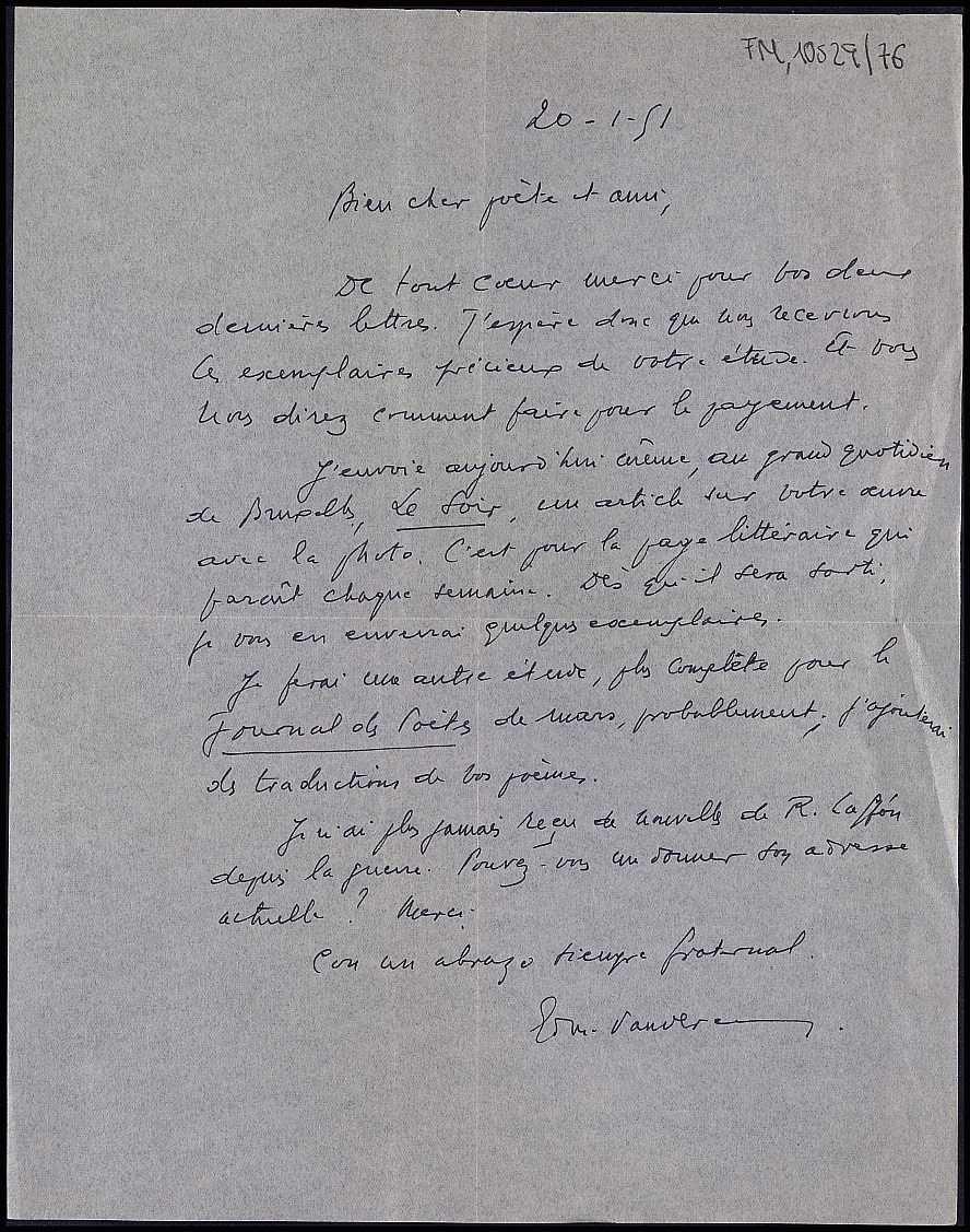 Carta de Edmond Vandercammen informando de la próxima publicación en Le Soir de un artículo sobre Dictinio y su obra.