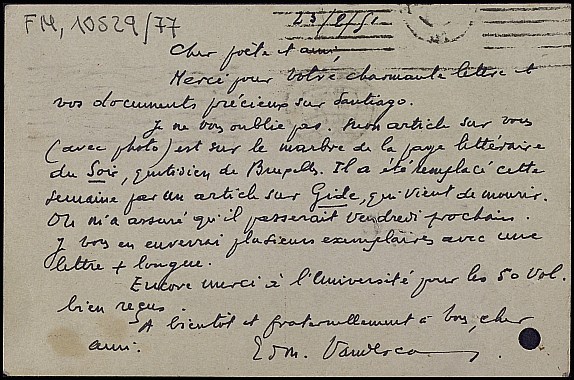 Tarjeta postal de Edmond Vandercammen sobre el retraso de la publicación del artículo de Dictinio en Le Soir, pospuesto por el homenaje a André Gide, fallecido recientemente.