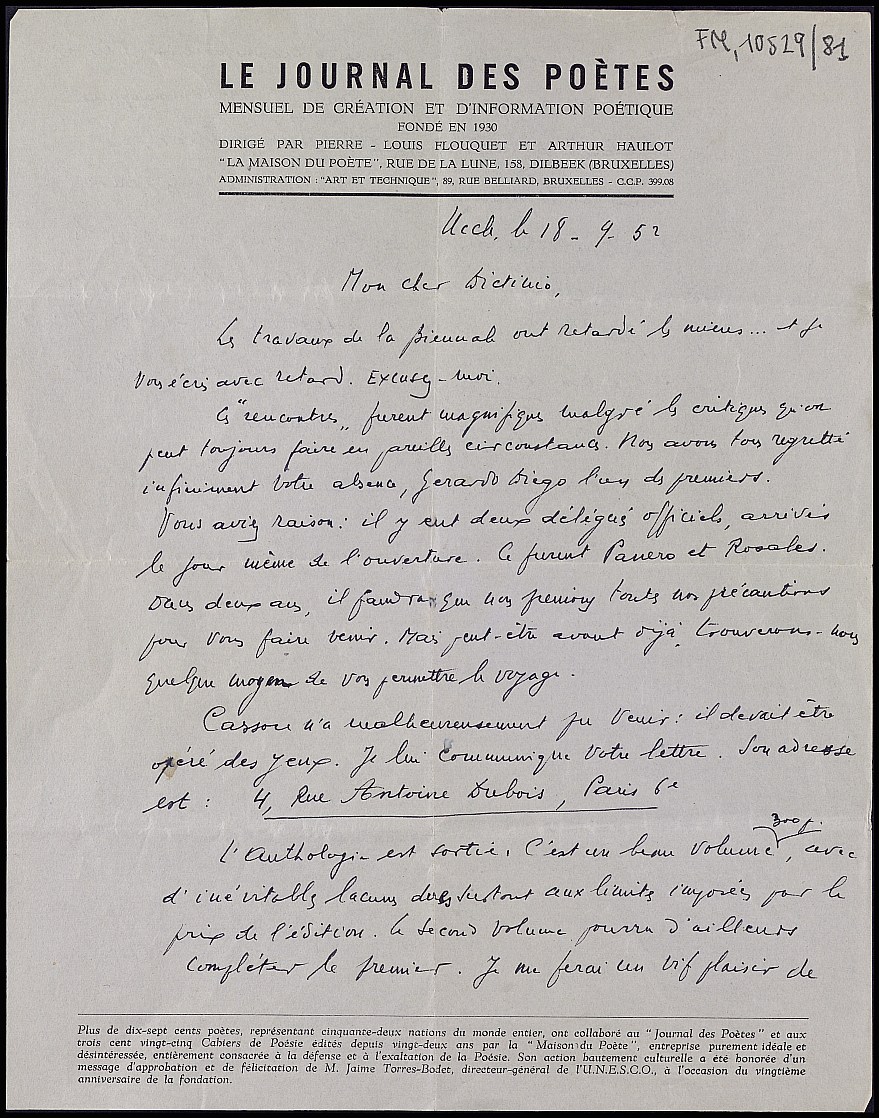 Carta de Edmond Vandercammen comentando sobre la ausencia de Dictinio en Knokke.