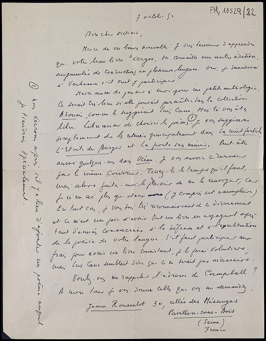 Carta de Edmond Vandercammen proponiendo una selección de poemas suyos para la antología que publicará Adonáis.