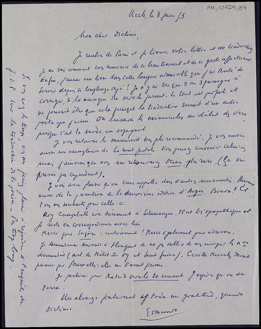Carta de Edmond Vandercammen agradeciendo el envío de la antología de Adonáis, comentando varios aspectos de la edición y asegurando el envío de sus poemarios 