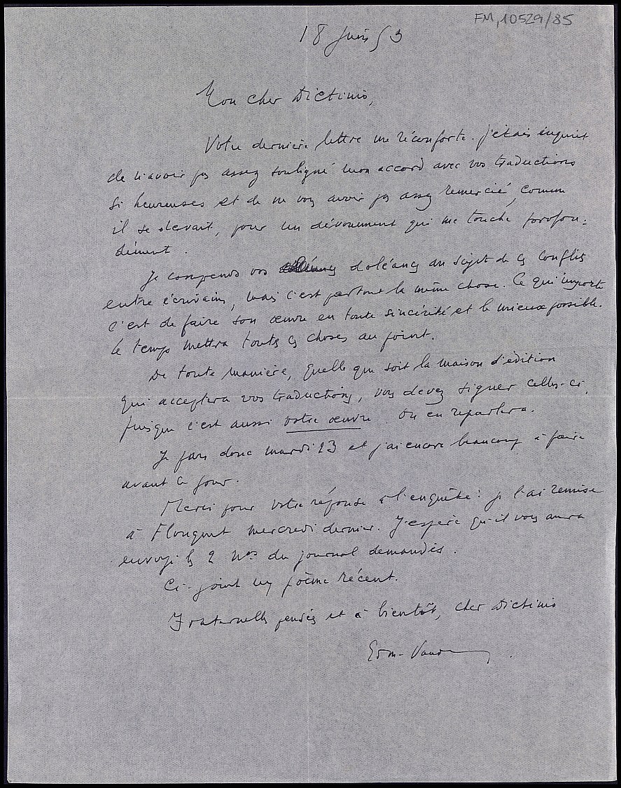 Carta de Edmond Vandercammen coemntado a Dictinio sobre la traducción de poemas.