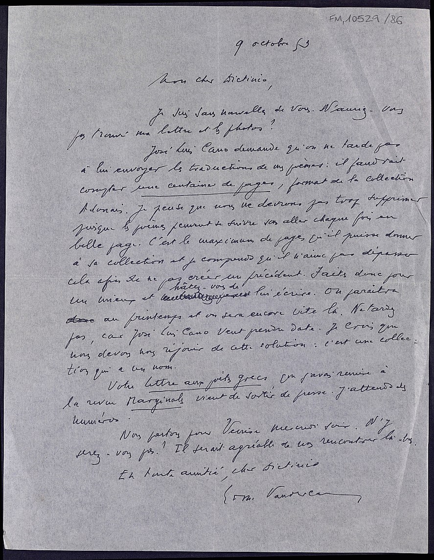 Carta de Edmond Vandercammen sobre la publicación de Adonáis y que Cano está esperando las traducciones de Dictinio y anunciando la publicación en 