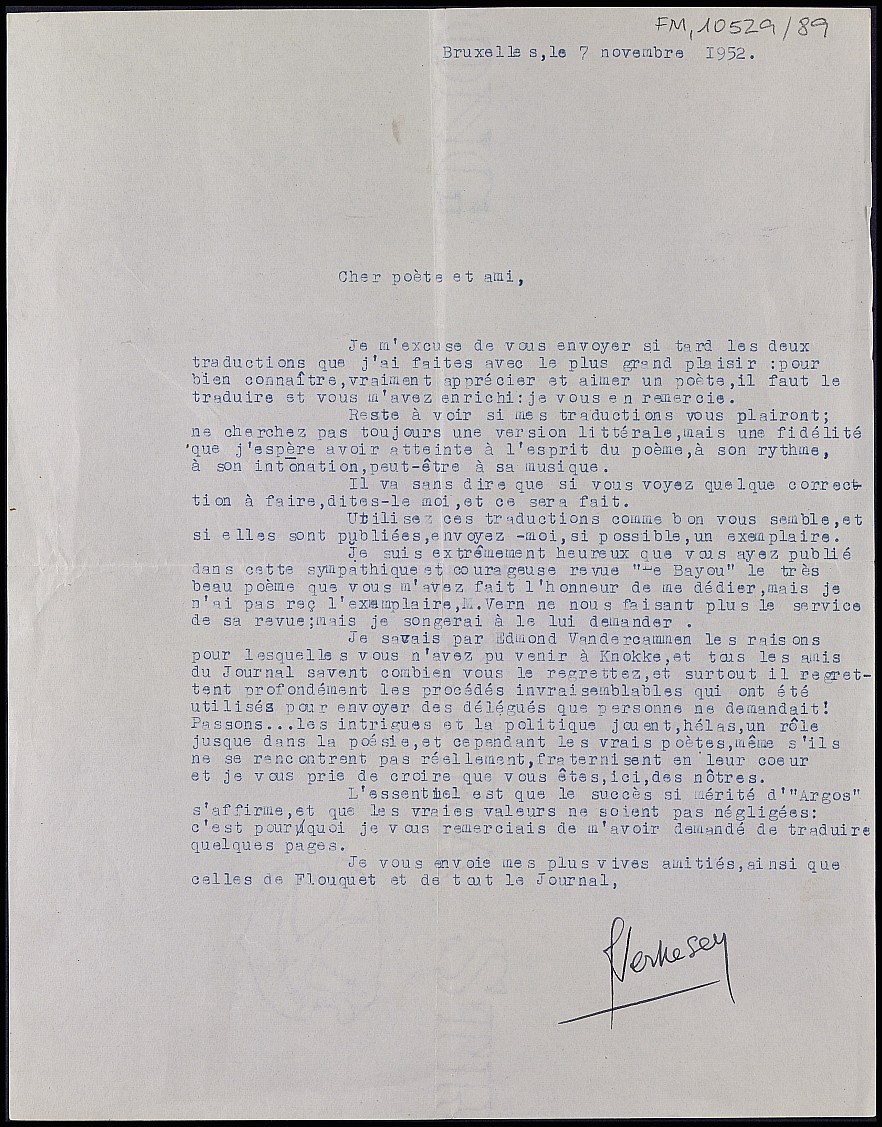 Carta de Fernand Verhesen consultando a Dictinio es está satisfechho con las traducciones enviadas y otros asuntos.