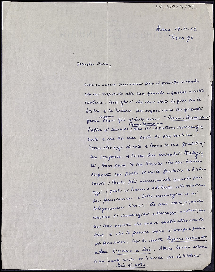 Carta de Giuseppe Villaroel comentando sobre aspectos técnicos de la poesía y de su traducción.