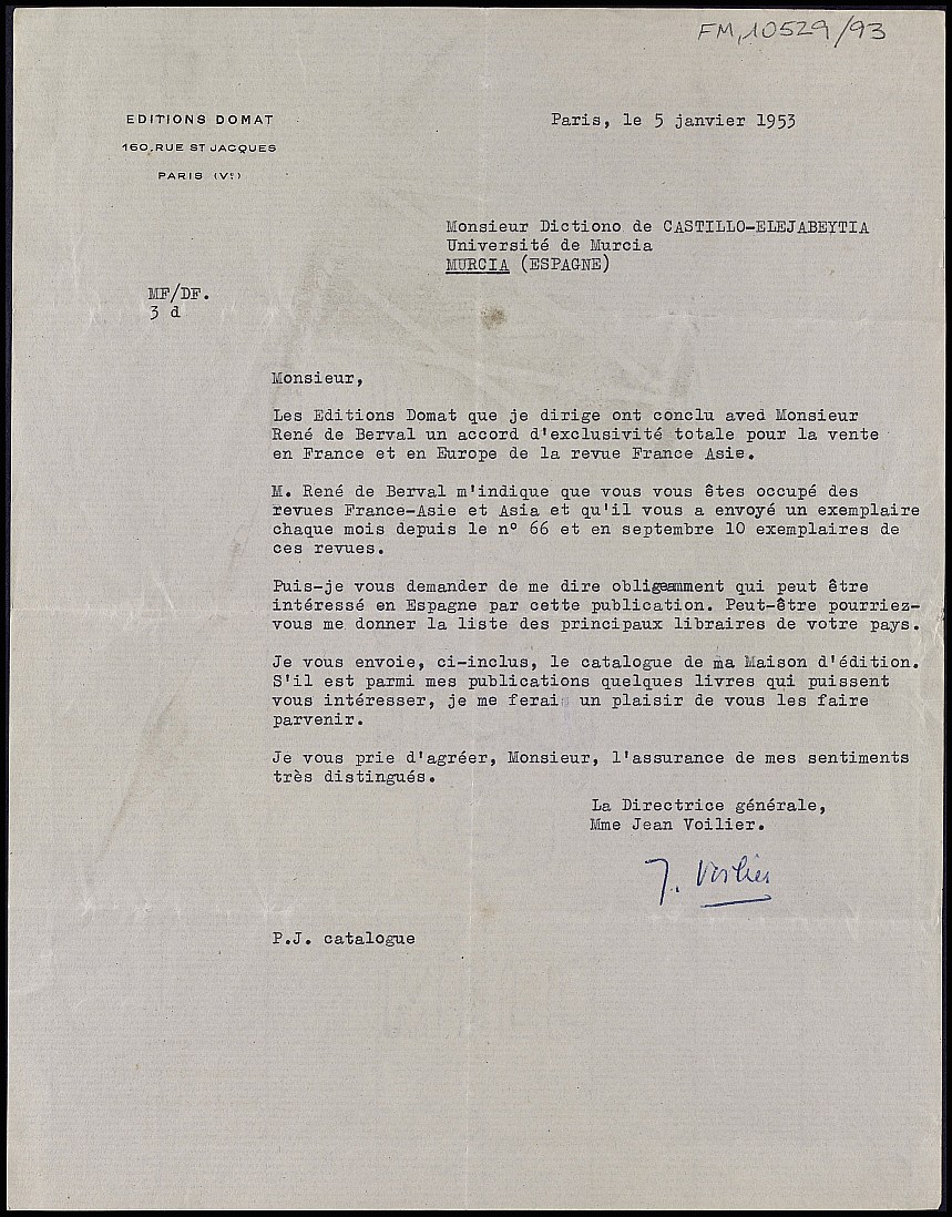 Carta de Jean Voilier ofreciendo la producción de la editorial Domat y la revista 