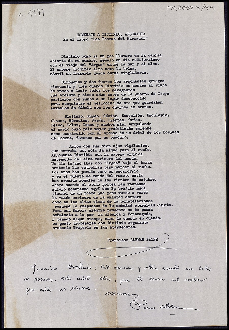 Carta de Francisco Alemán Sáinz con el poema 
