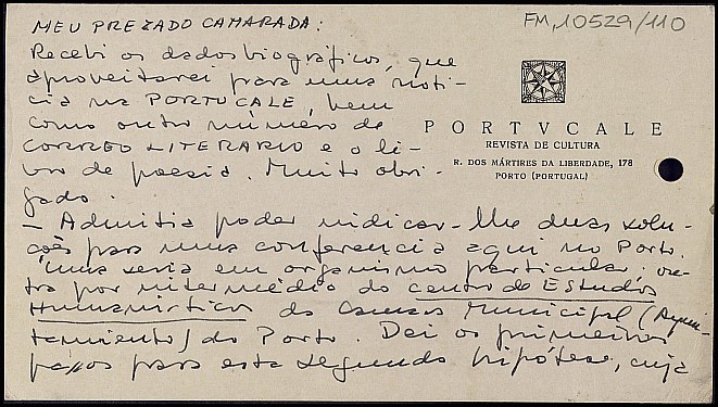 Tarjeta de Joaquim Moreira acusando recibo de los datos biográficos que había pedido para la reseña en 