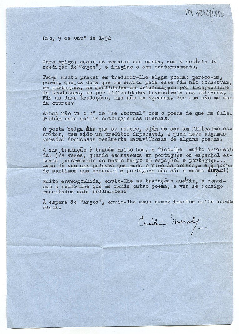 Carta de Cecília Meireles comentado sobre unas traducciones pedidas por Dictinio en carta anterior.