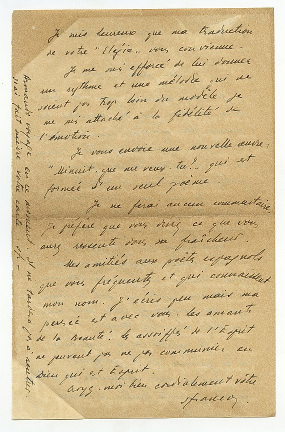 Carta de S. Franco comentando sobre varios asuntos relacionados con la tradución de unos poemas.